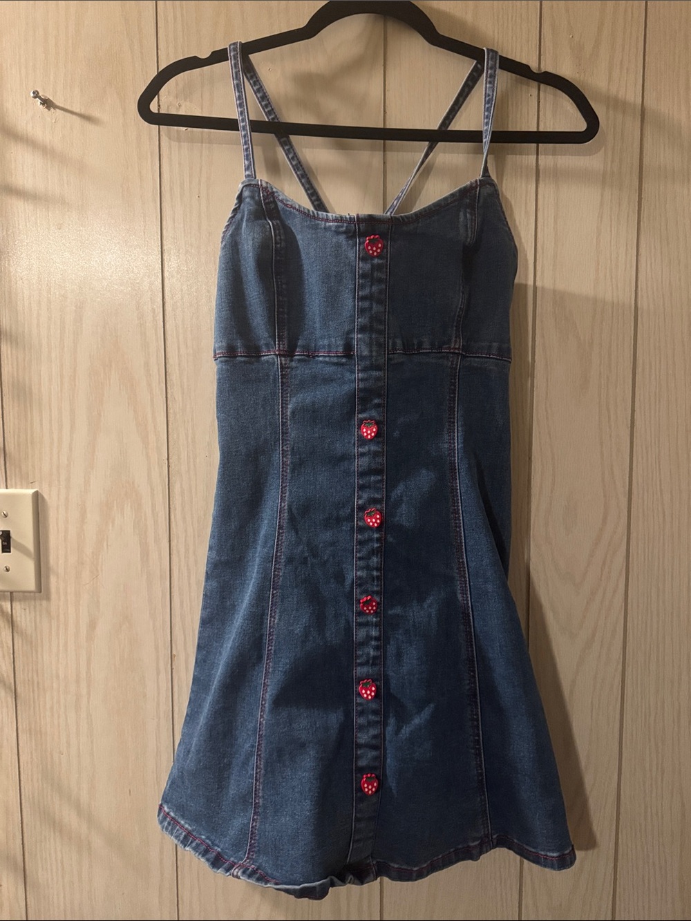 Denim Button-Front Mini Dress with Strawberry Buttons